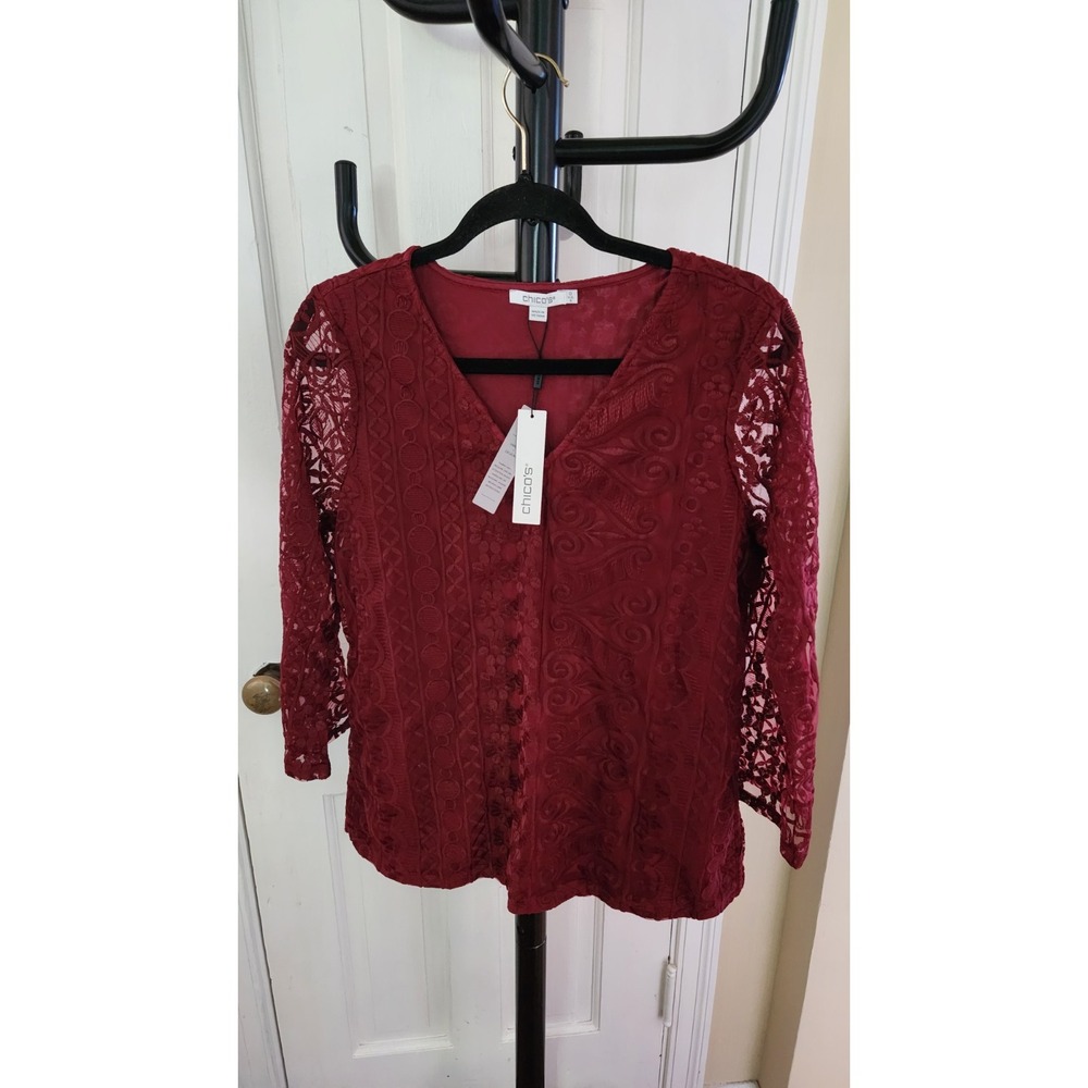 Chico's Embroidered Mesh Tunic Top Women's O US Size S Burgundy NWT